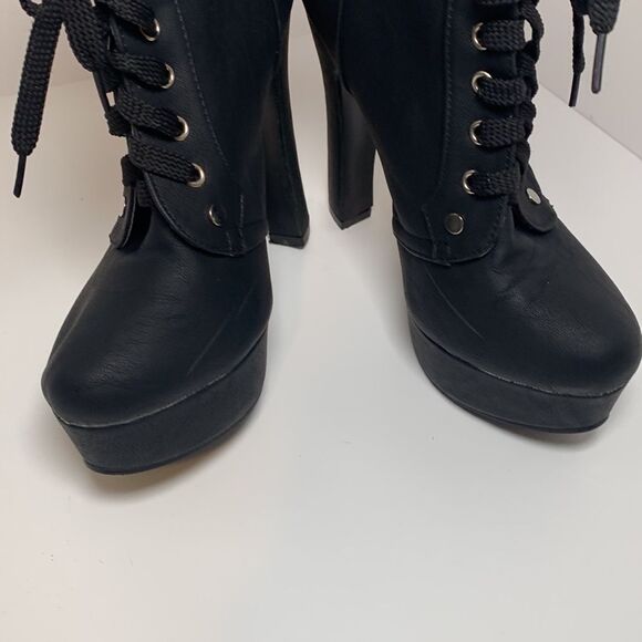 Platform 5.5” Lace Up Buckle Punk Combat Bootie Faux Leather Heel - Picture 2 of 6